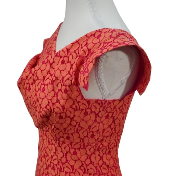 Black Halo Jackie-O Cotton Blend Raschel Lace Orange Pink Pencil Midi Dress Sz 2